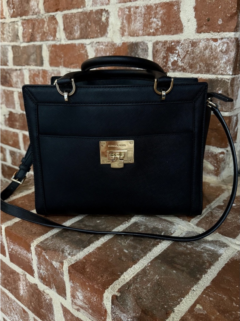 Michael Kors Tina Large Black Saffiano Leather Satchel with Gold Hardware Accent